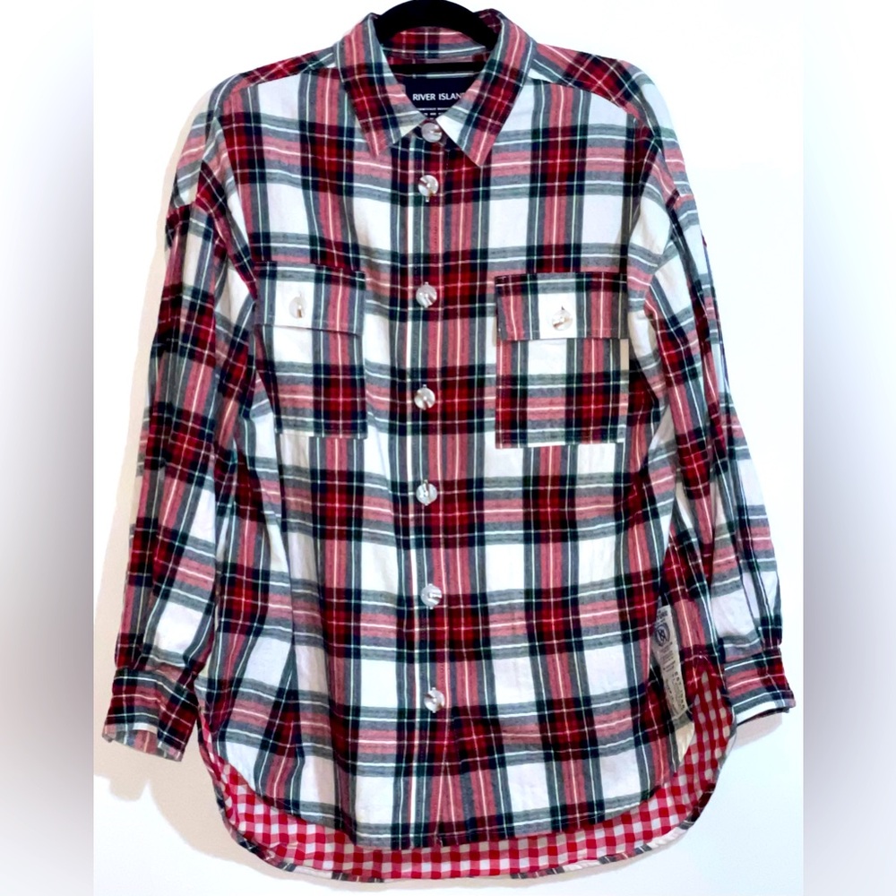 River Island Red White Green Check Plaid Oversized Pleated Flannel Shirt Sz M